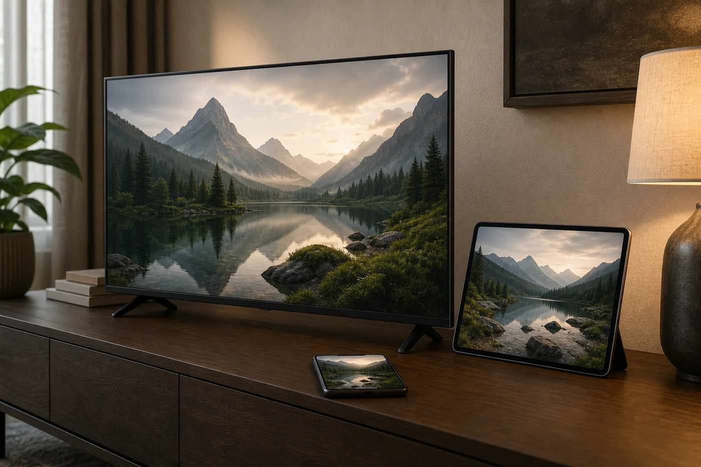 Real TV, tablet, and smartphone showing entertainment