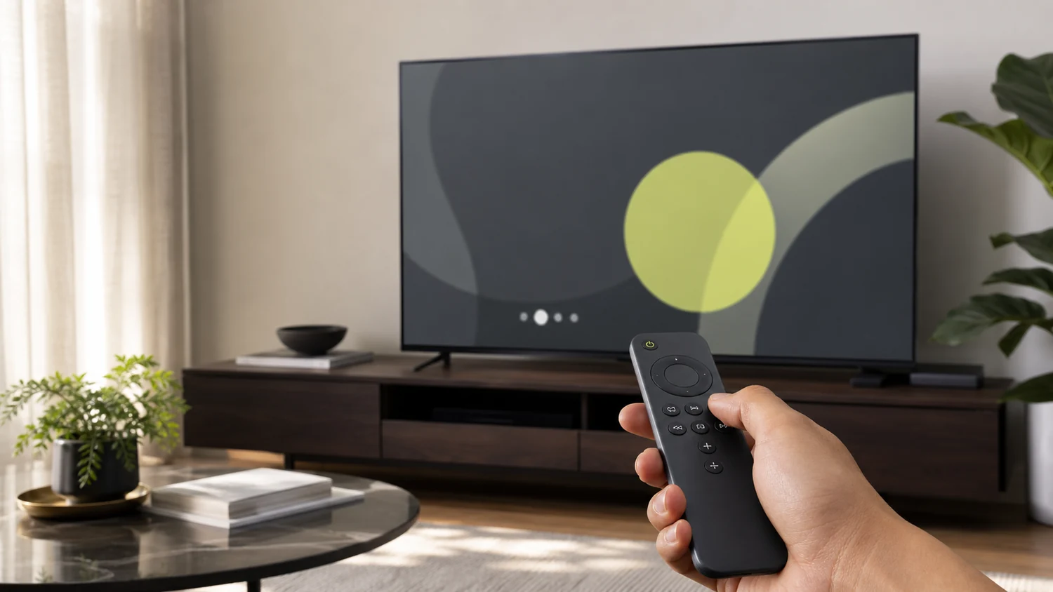 A real hand using a TV remote during an easy television setup