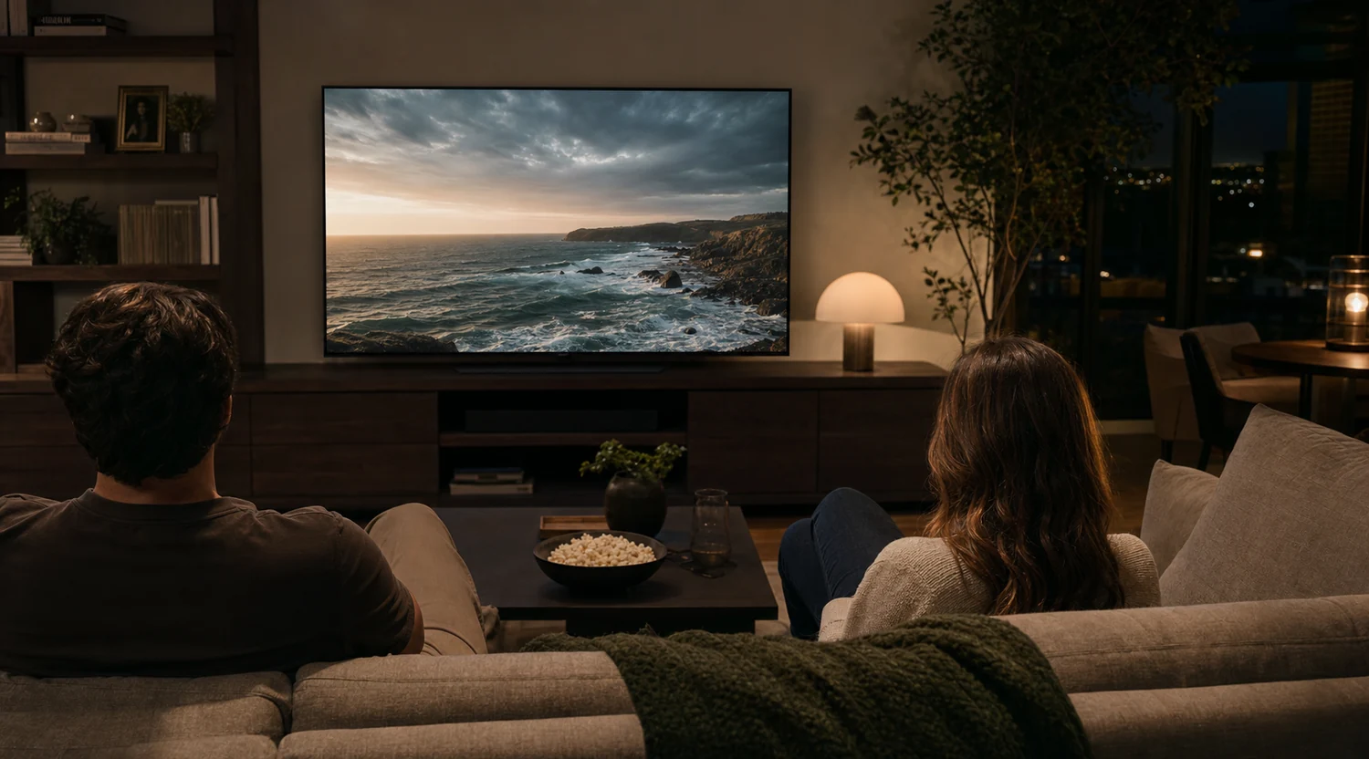 Two adults enjoying a movie on a real television at home